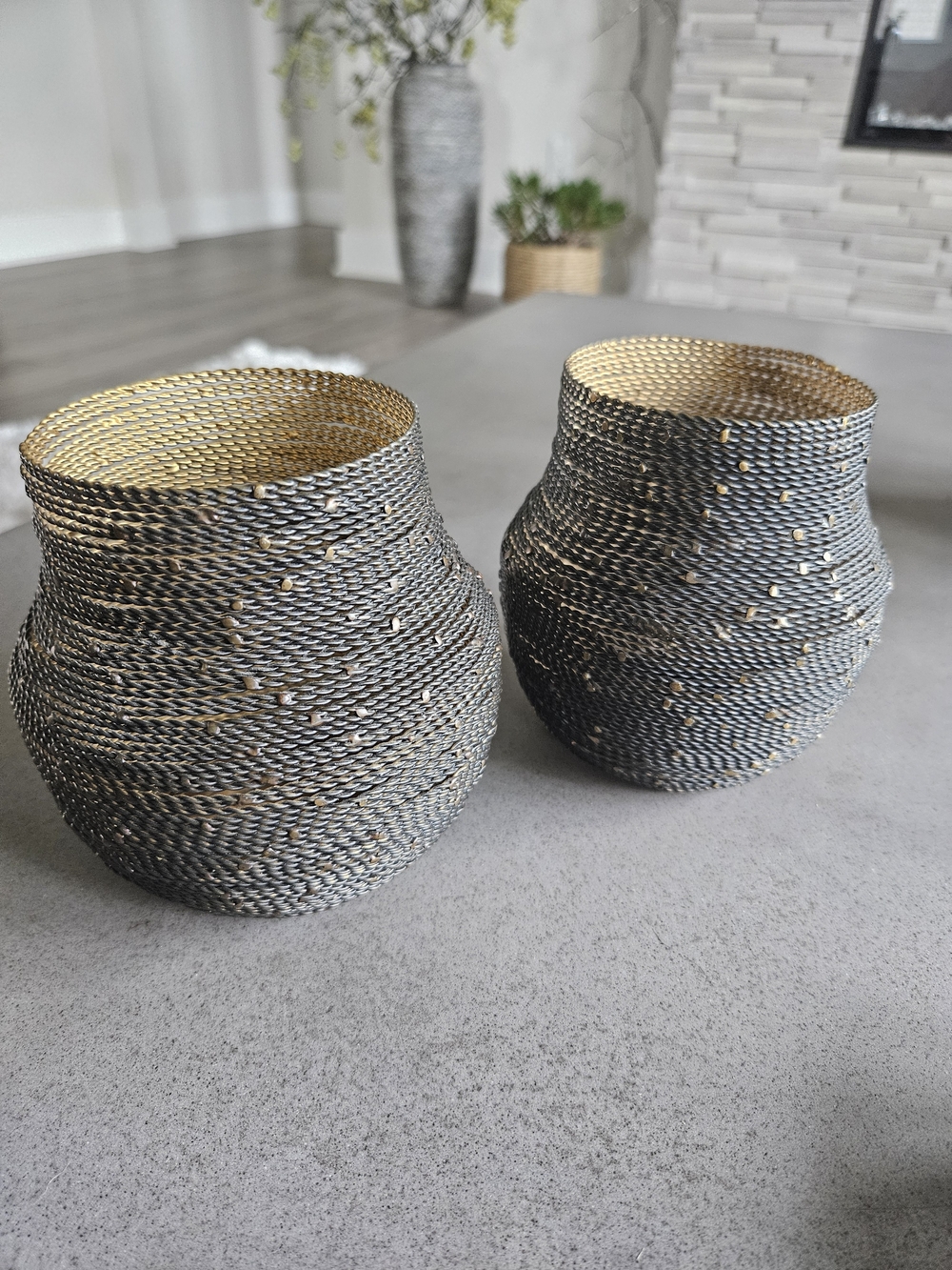 2 World Market Gold and Black/Bronze Woven Accent Vases
